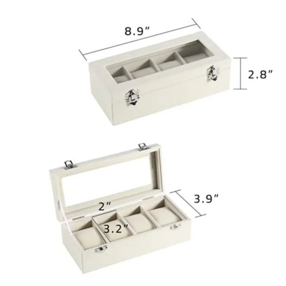 4-Slot Watch Box,Velvet Watch Case with Glass Lid,Watch Organizer Box